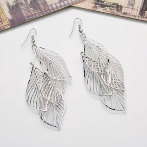 Silver Tone Triple Leaf Dangle Earrings Filigree Tiered Boho Drop Earrings